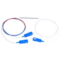 Fiber optic cable with blue connectors on a white background