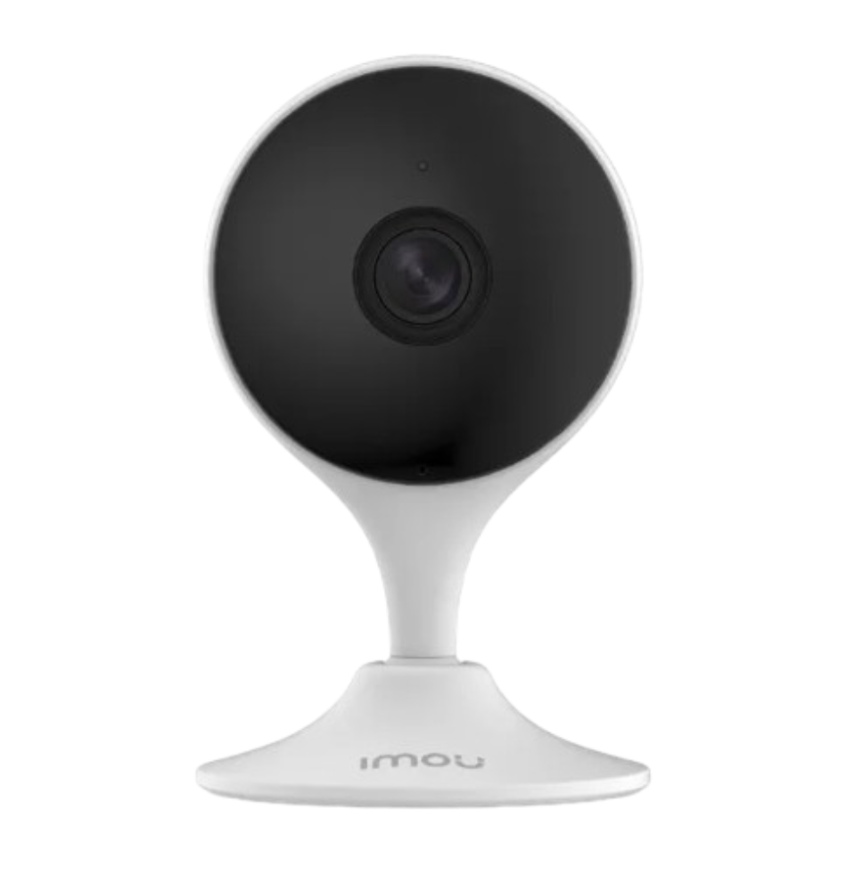 Black and white security camera with 'imou' branding on a white background
