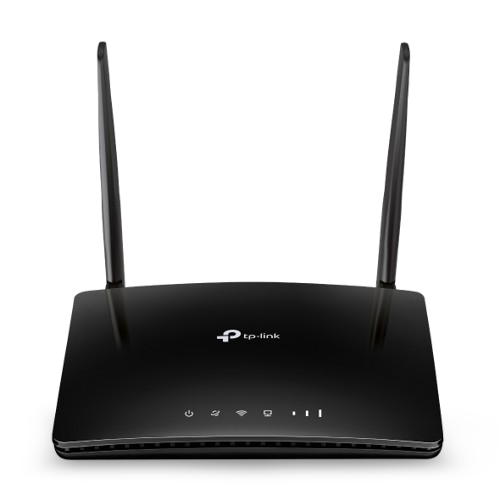 Black TP-Link router with antennas on a white background